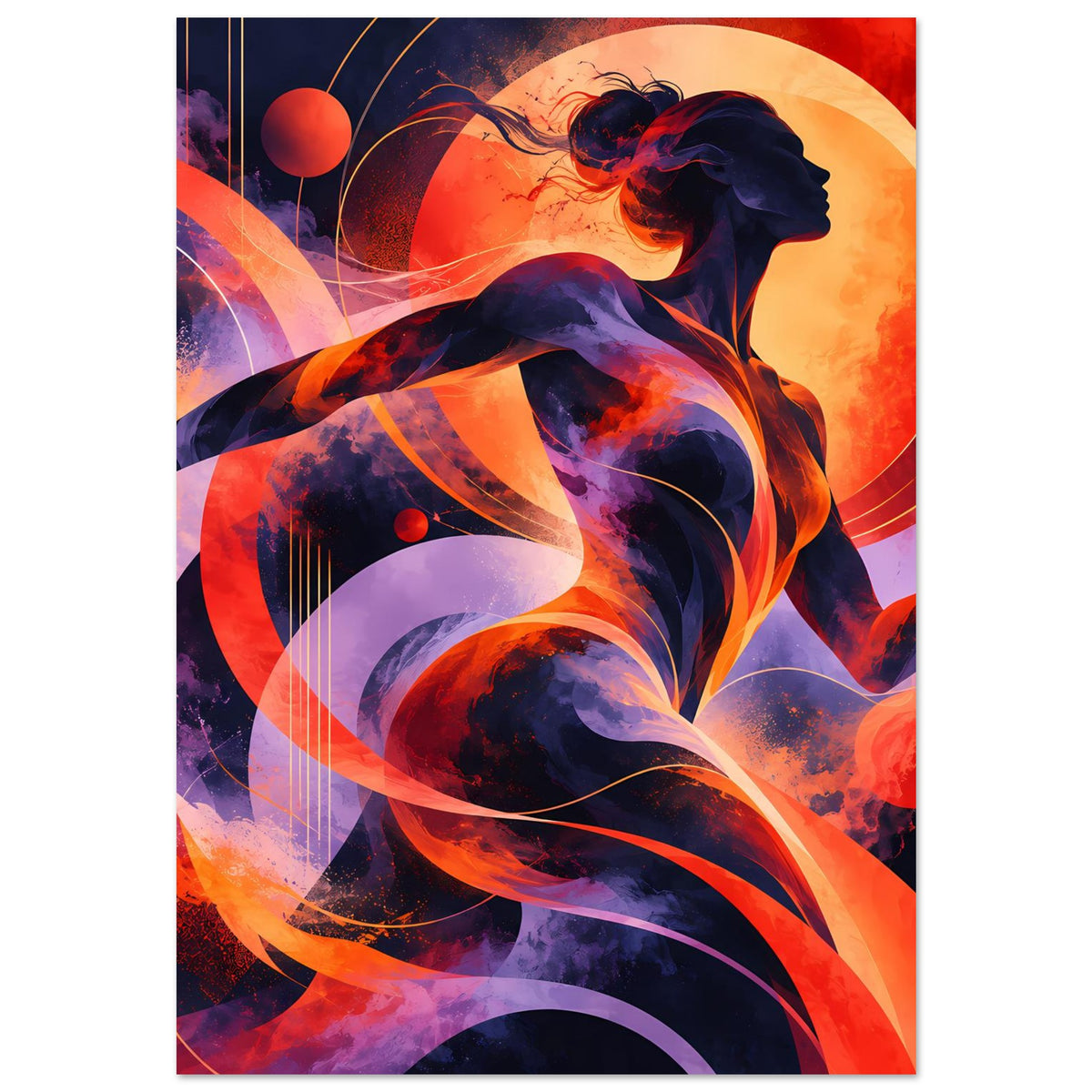 Poster mit abstrakter Silhouette einer Frau, kräftige Rot- und Blaunuancen mit Violett