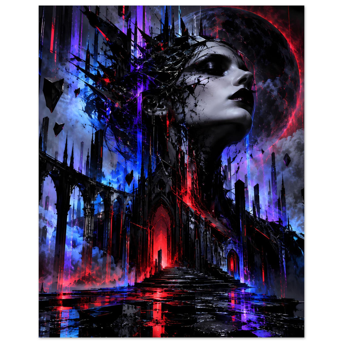 Gothic-Fantasy-Poster: Frauenprofil mit dunklem Haar und Neonrot- und Blauschimmer über Ruinen