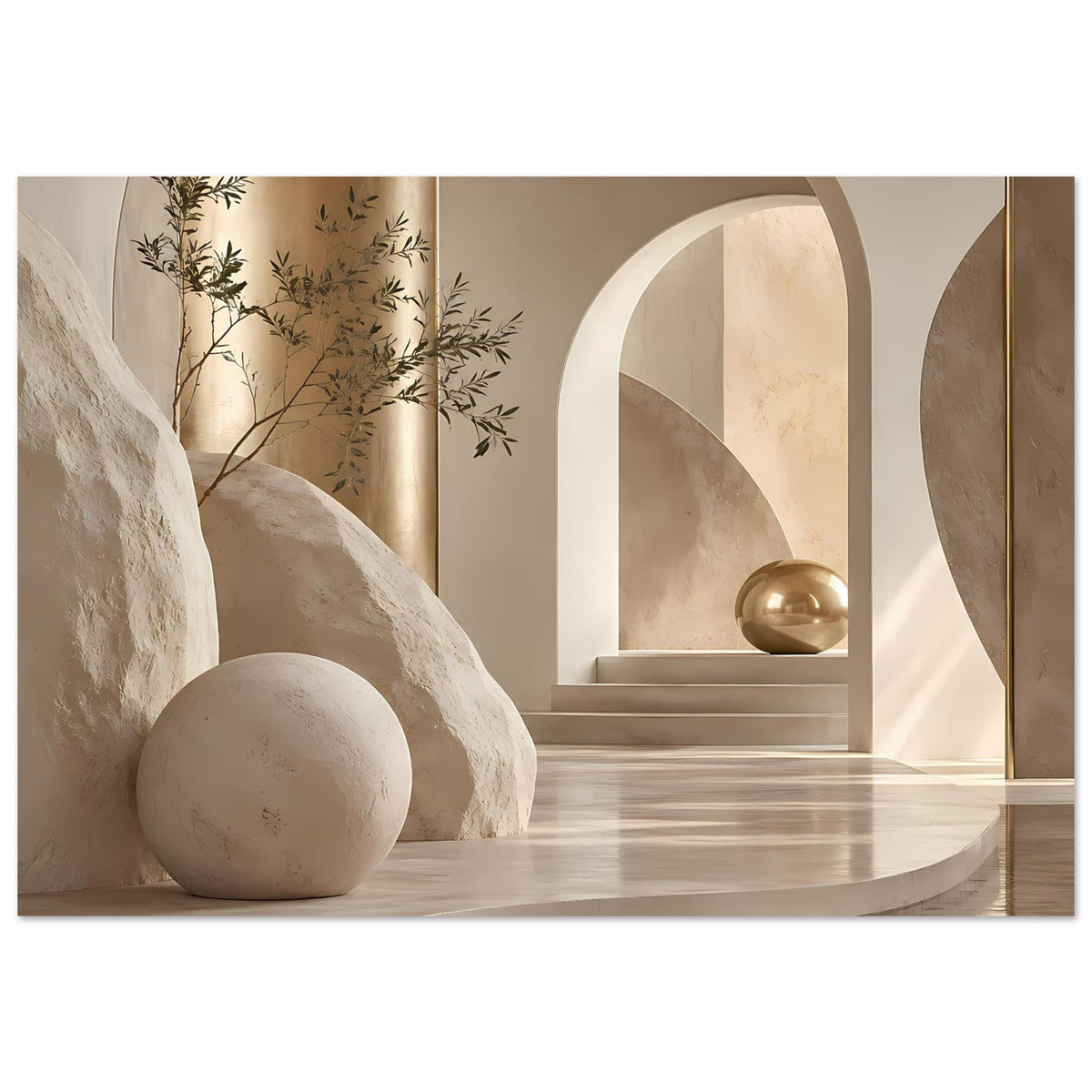 Architekturposter mit Bögen in Sand- und Goldtönen, Pflanzenzweige, Steinstufe und Kugellicht