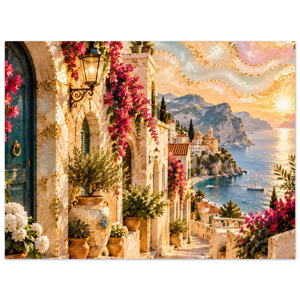 Poster im Querformat: dunkle Türöffnung, Laterne, Blumenranken und Küstenlandschaft