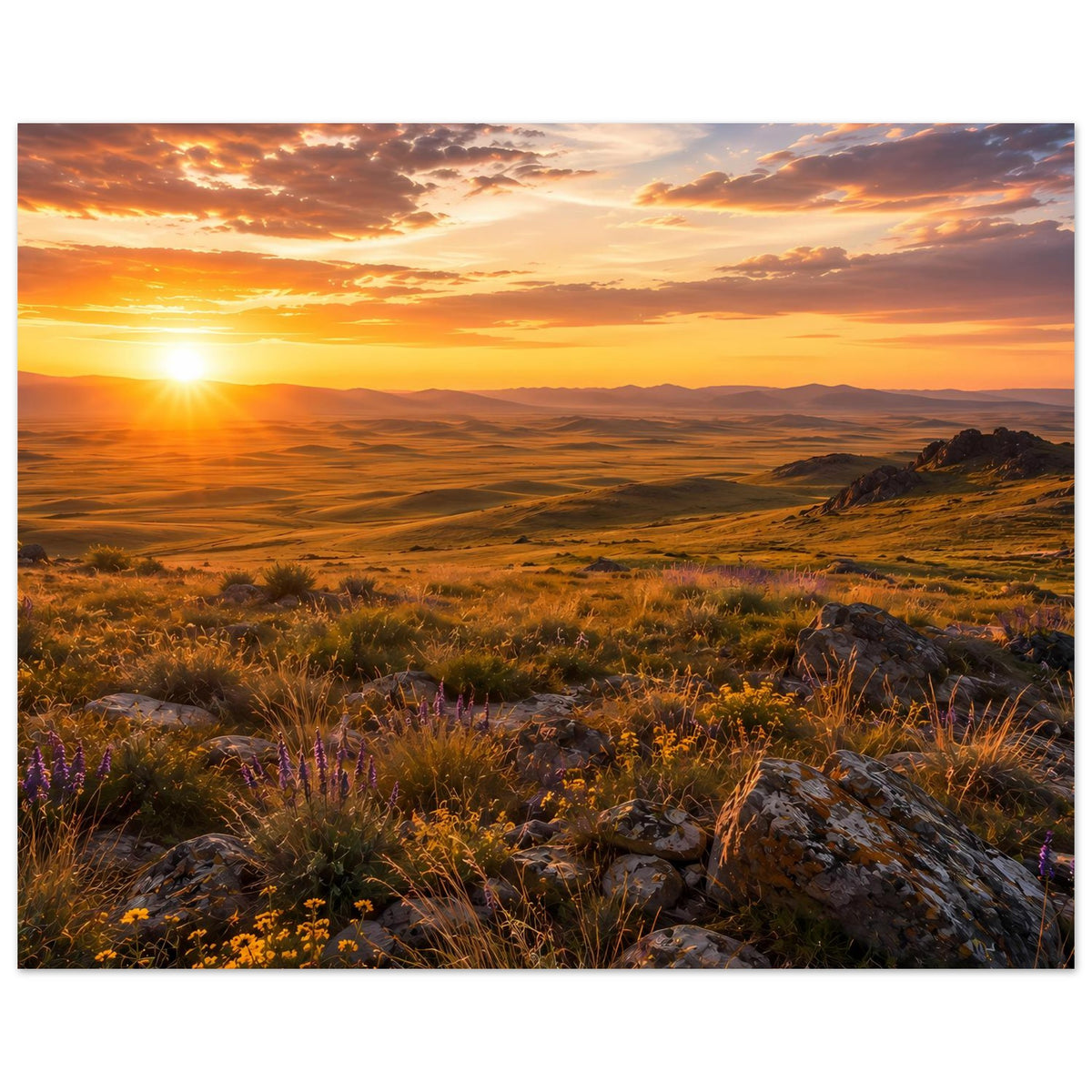 Querformat-Landschaftsposter mit leuchtendem Himmel, Wiesenhängen und großen Felsen vorn