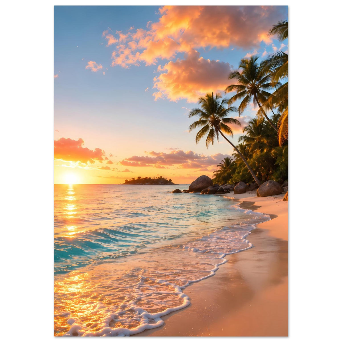 Vertikales Strandposter mit Palmen rechts, Meer bei Sonnenaufgang und Sandstrand
