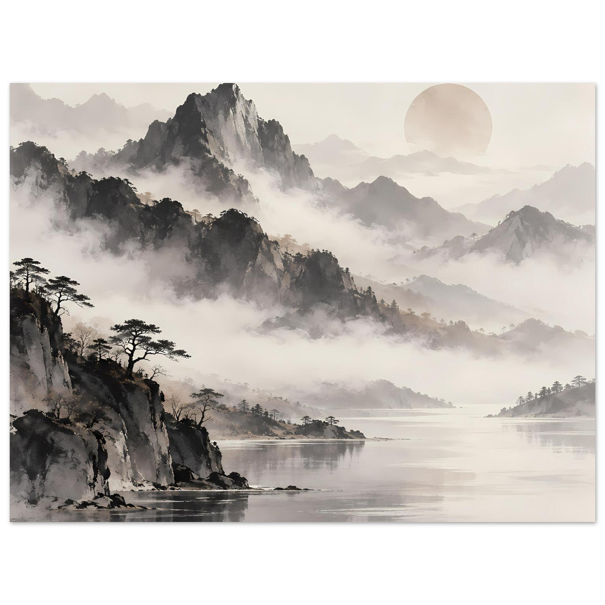 Minimalistisches Schwarz-Weiß-Poster: Nebelberge mit ruhigem See und Bergkamm im Hintergrund, Querformat