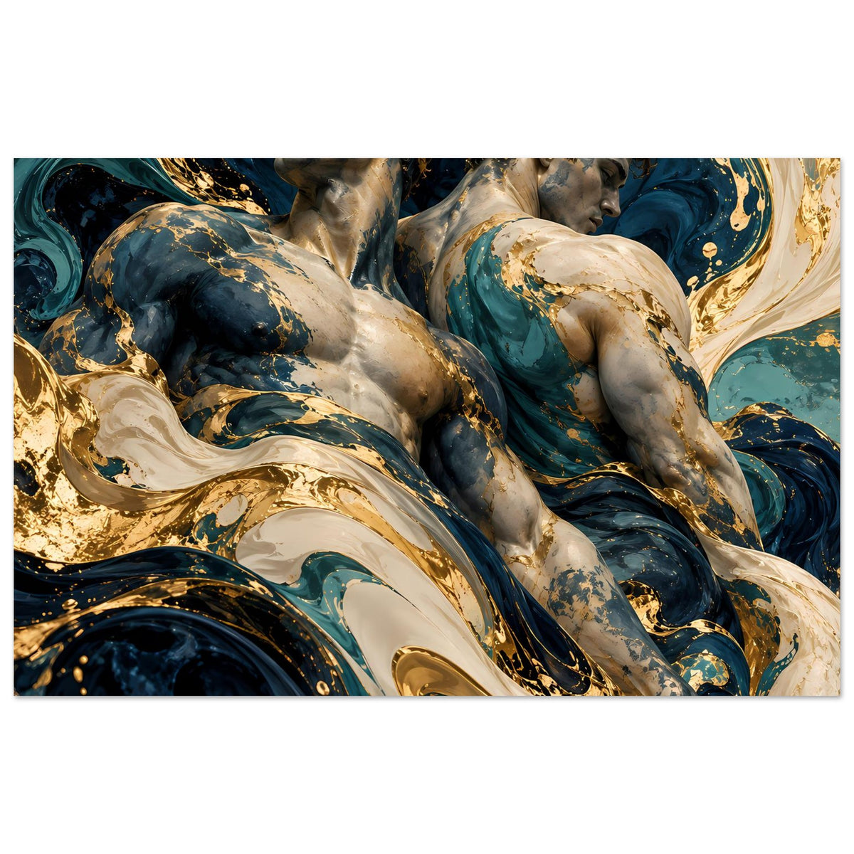Kunstposter mit abstrakten Frauenfiguren in Blau, Gold und weißen Wirbelmustern