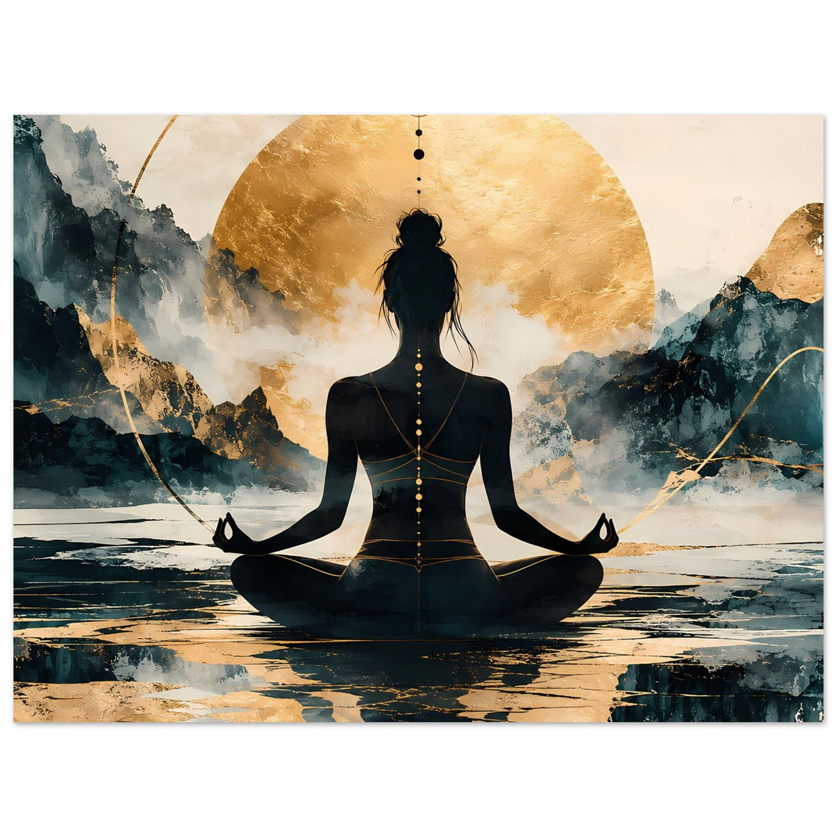 Querformat Poster mit Meditationssilhouette, goldener Mondscheibe, Bergen und Spiegelwasser