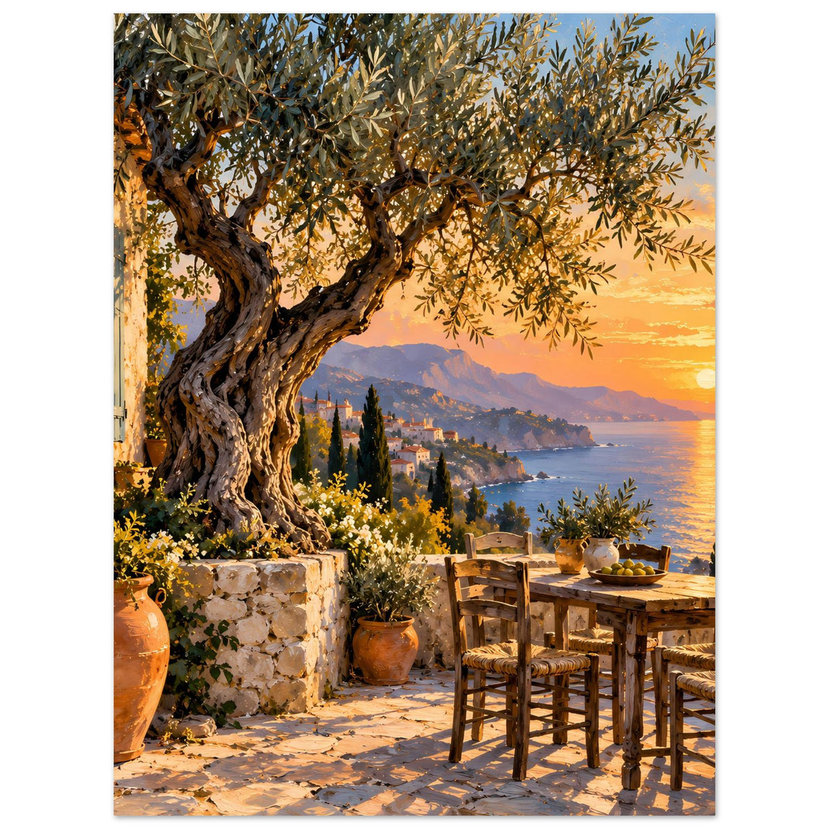 Kunstdruck mit Olivenbaum und Blick auf Meer, Küste und Terrasse-Tisch im Abendlicht