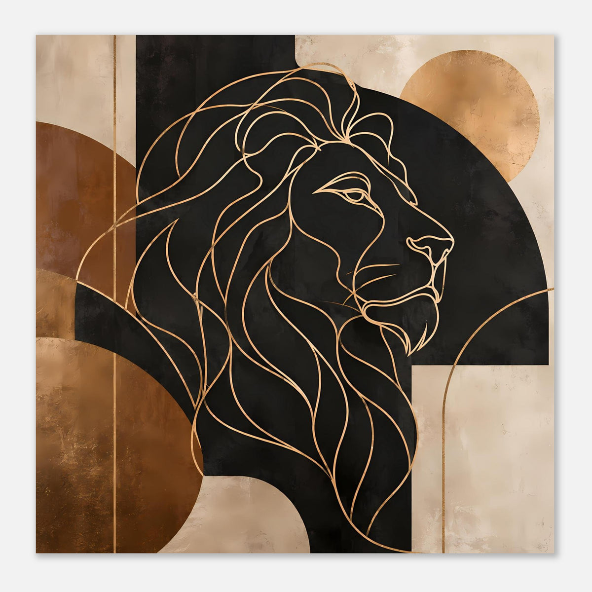 Löwen-Poster mit Löwenkopf-Linien in Gold und Bronze, dunkler Hintergrund mit hellen Flächen