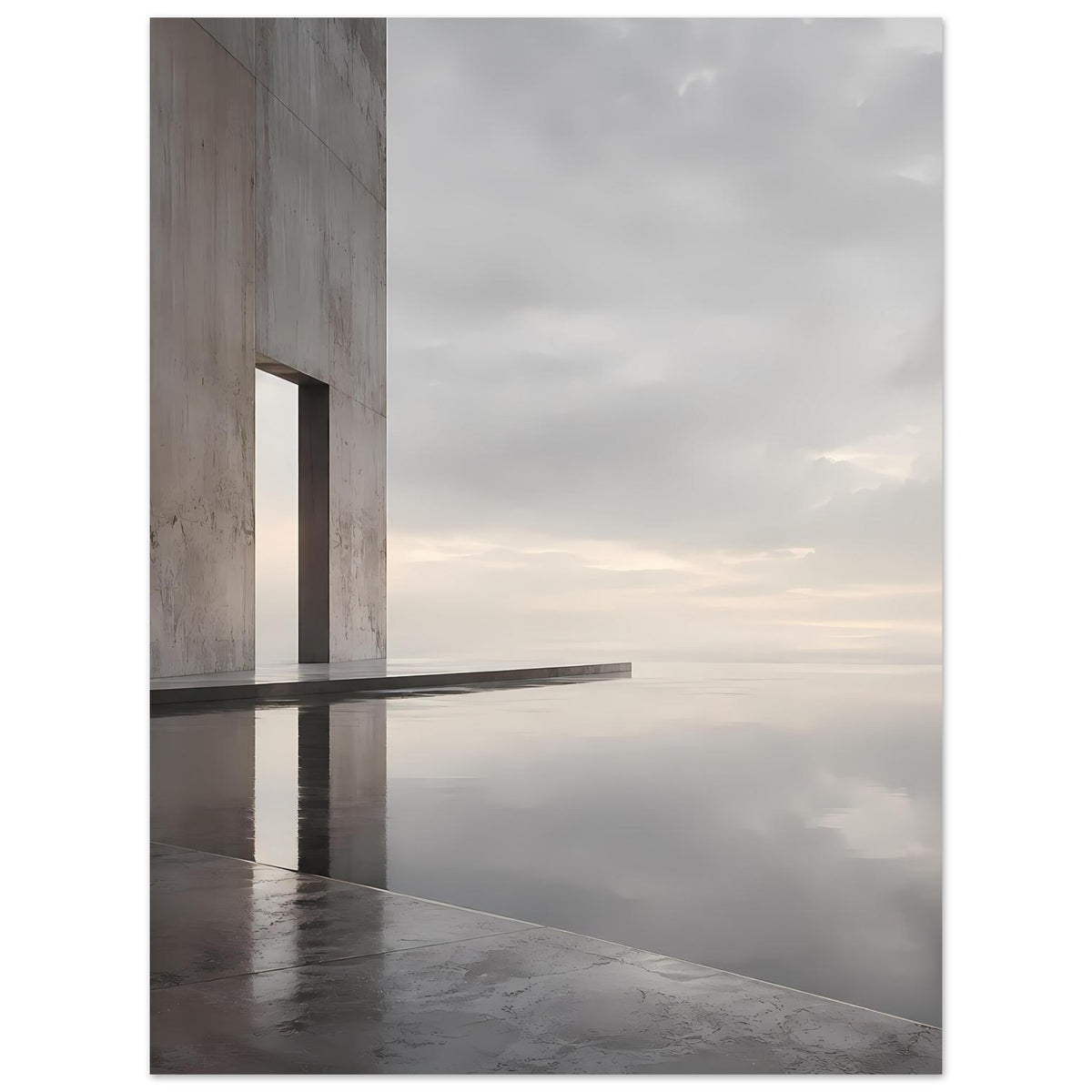 Architektur-Poster im Hochformat: helle Säule links, Horizont mit ruhiger Spiegelung