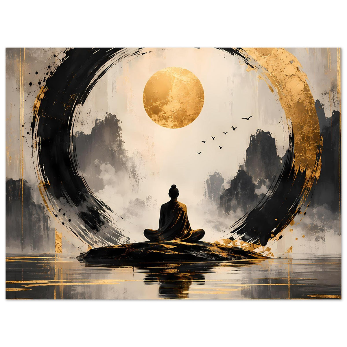 Zen-Kunstposter im Querformat: Meditationsfigur, goldene Sonne, schwarze Kreisform und Wasserreflex