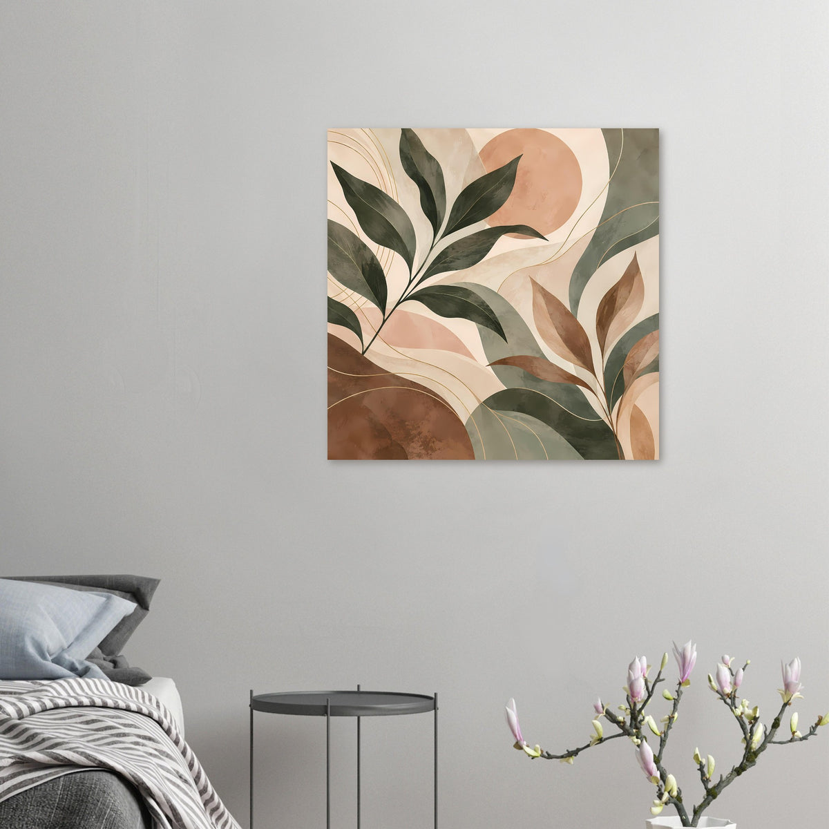 Quadratisches Kunstposter mit abstrakten Naturformen: Blätter, Kreise und Erdtöne