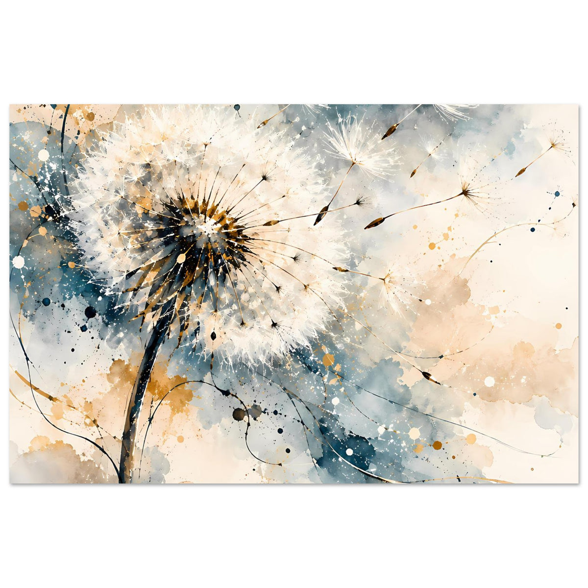 Kunstposter mit Pusteblumenkrone und geschwungenen Stielen, Blau- und Goldakzente, Querformat