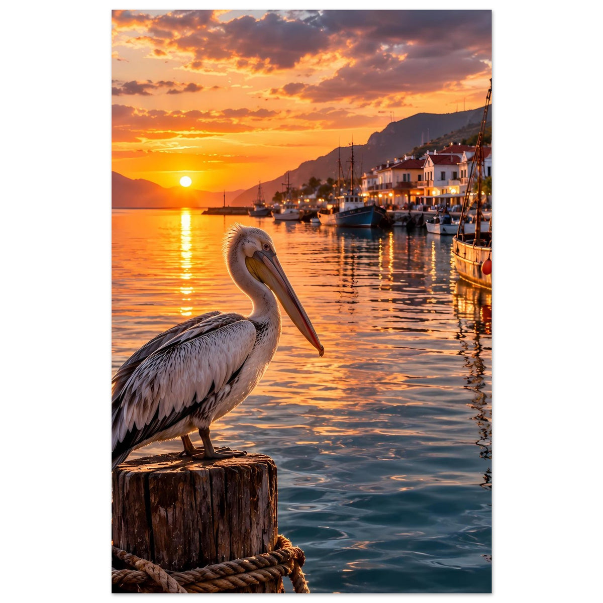 Premium-Poster: Pelikan auf Holzpfahl im Vordergrund, Hafen mit Segelbooten, Sonnenuntergang