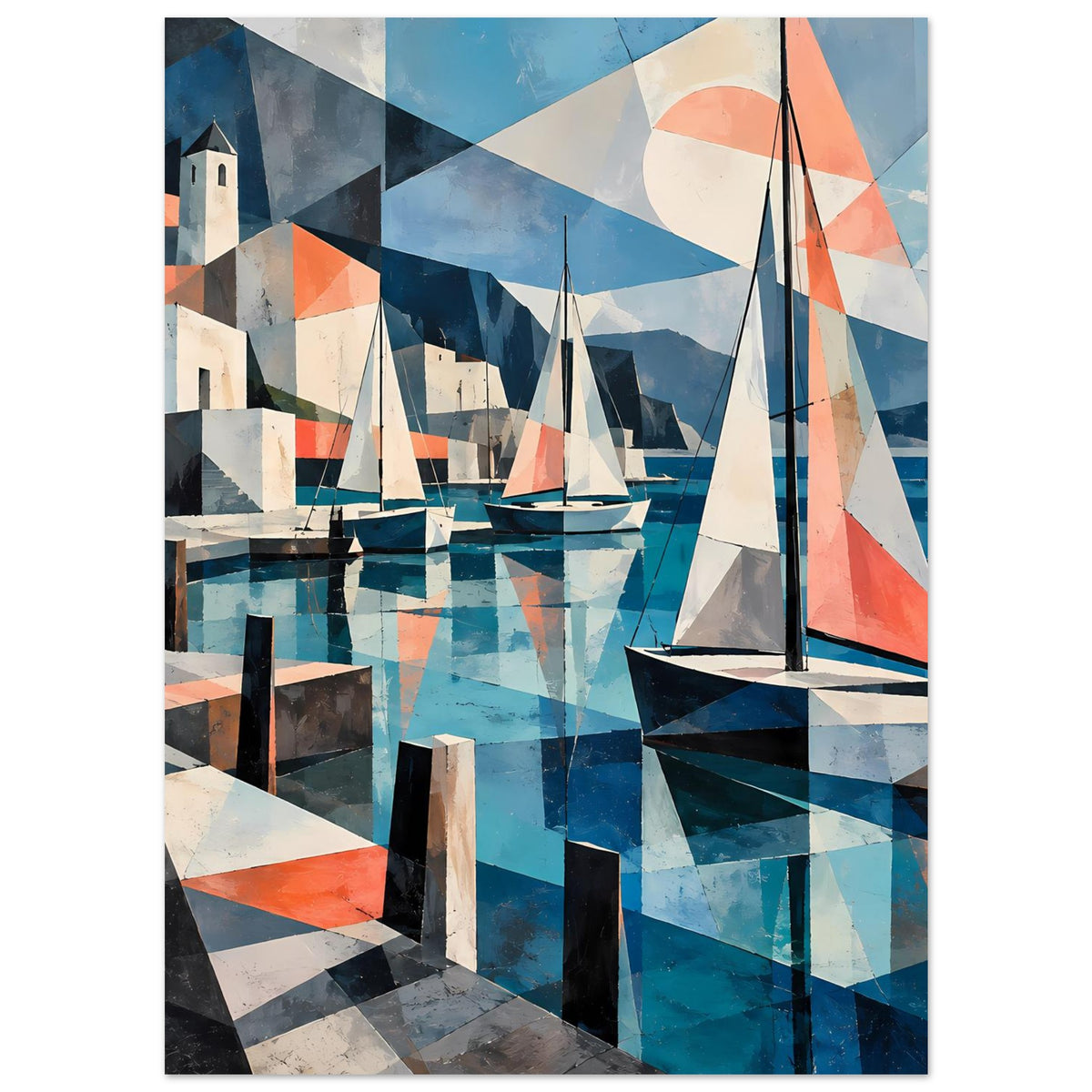 Kubistisches Hafenposter mit Segelbooten und geometrischen Wasserflächen in Blau und Koralle – Ansicht 5
