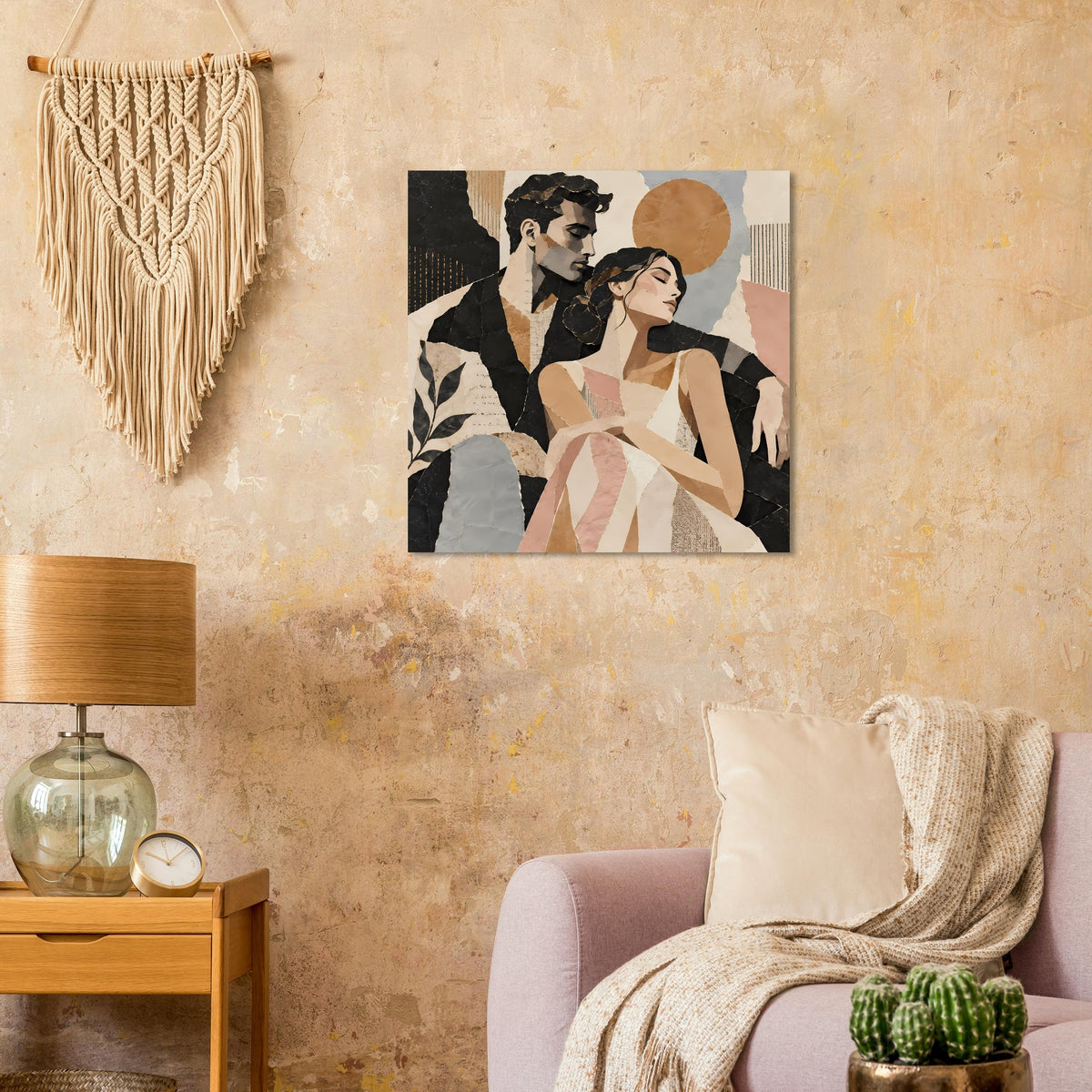 Quadratisches Kunstposter: stilisiertes Paar, beige und braune Flächen, schwarze Akzente
