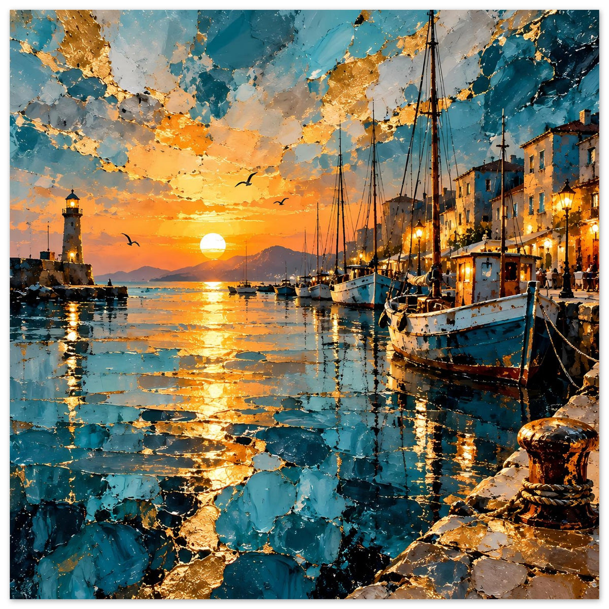 Hafenposter mit blau-goldenen Farbflächen, Segelbooten rechts und Sonnenreflexen auf dem Wasser