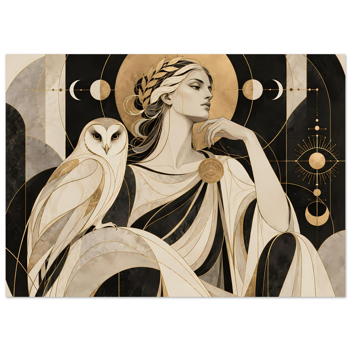 Kunstposter mit Frau und Eule, goldene Ornamentlinien, dunkler Hintergrund, Querformat