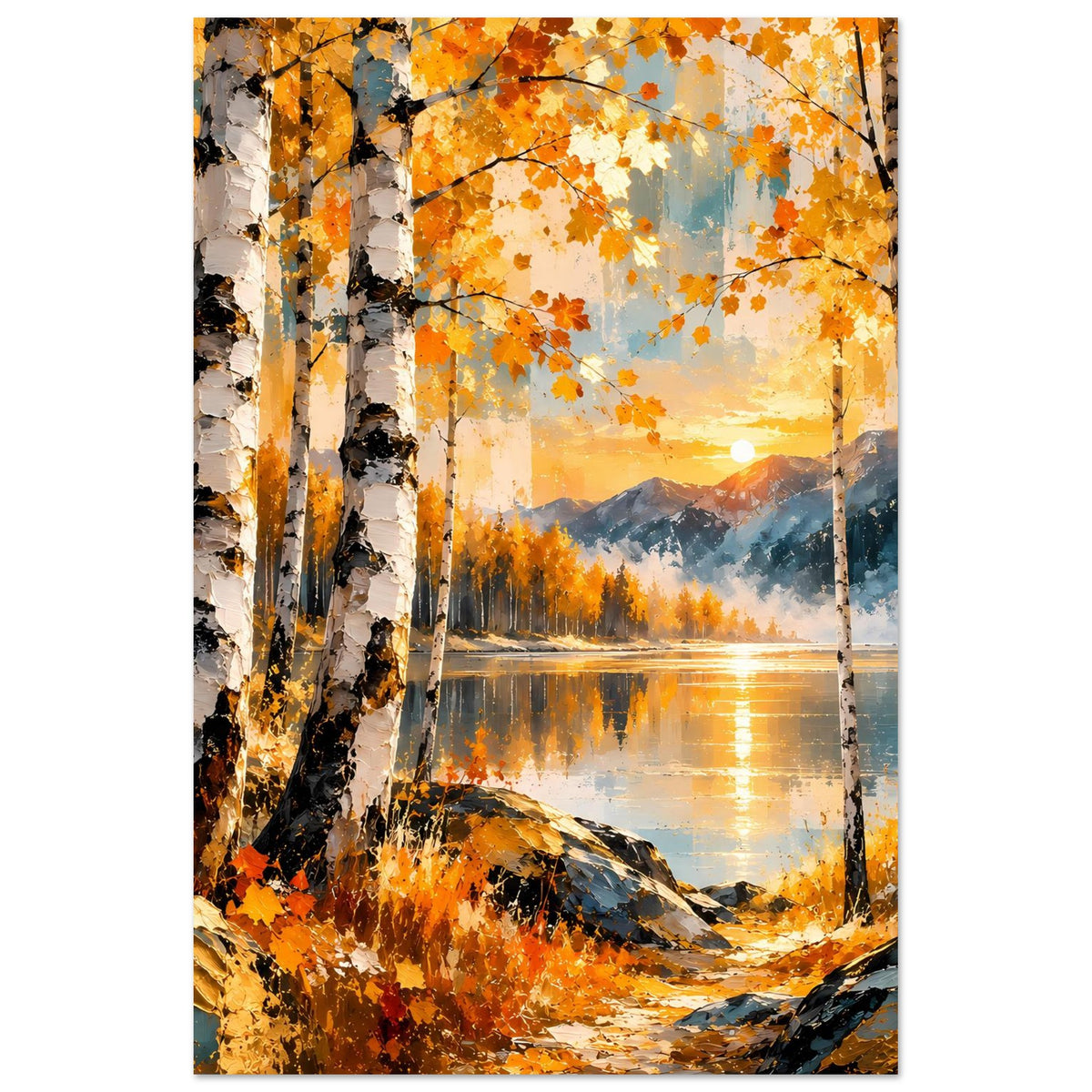 Herbstlandschafts-Poster im Hochformat: Herbstbäume, Felsenpfad und reflektierendes Wasser