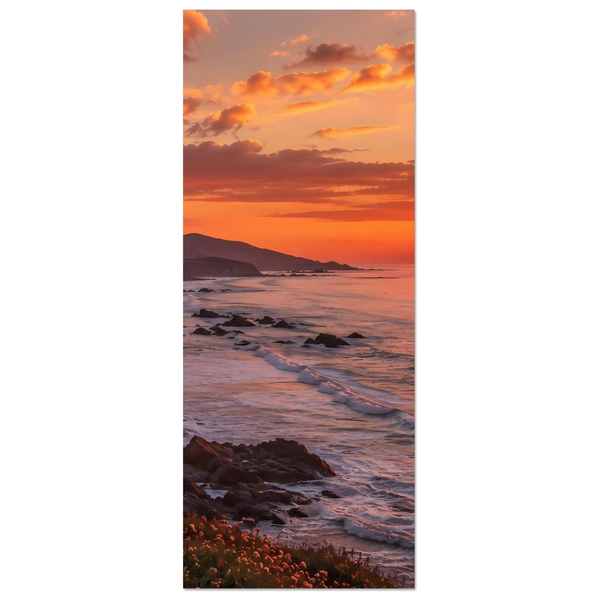 Poster (hochkant): Meer und Sandstrand im Sonnenuntergang, warmes Orange im Himmel