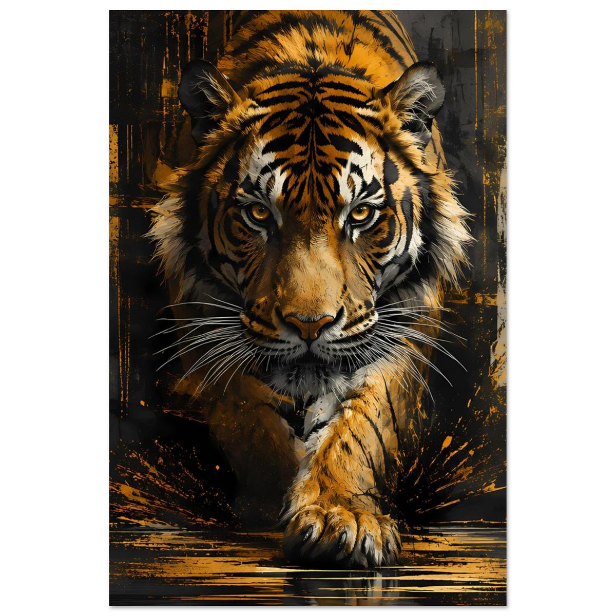 Tigerposter im Hochformat: Tiger vorne, goldbraunes Fell, schwarze Streifen und Pfote