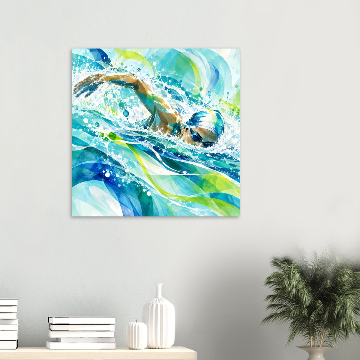 Quadratisches Poster mit Schwimmer-Szene, Spritzer und Farbverläufe in Blau und Grün