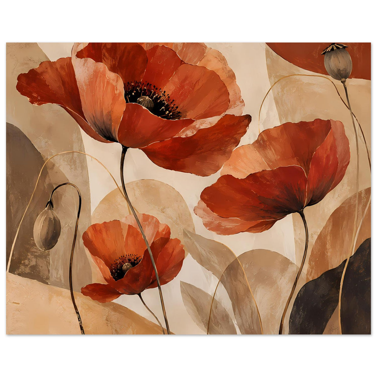 Botanisches Poster mit roten Mohnblüten und mehreren Blütenköpfen, beige-töne, matt.