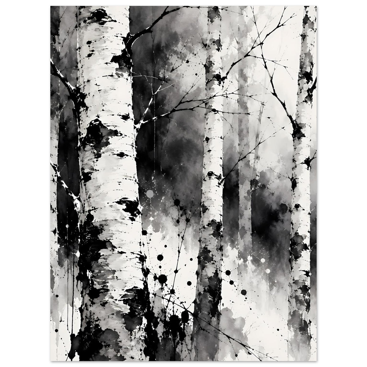 Schwarz-weißes Birch-Wald-Kunstposter mit Baumstämmen, Ästen und Farbspritzern im Hochformat