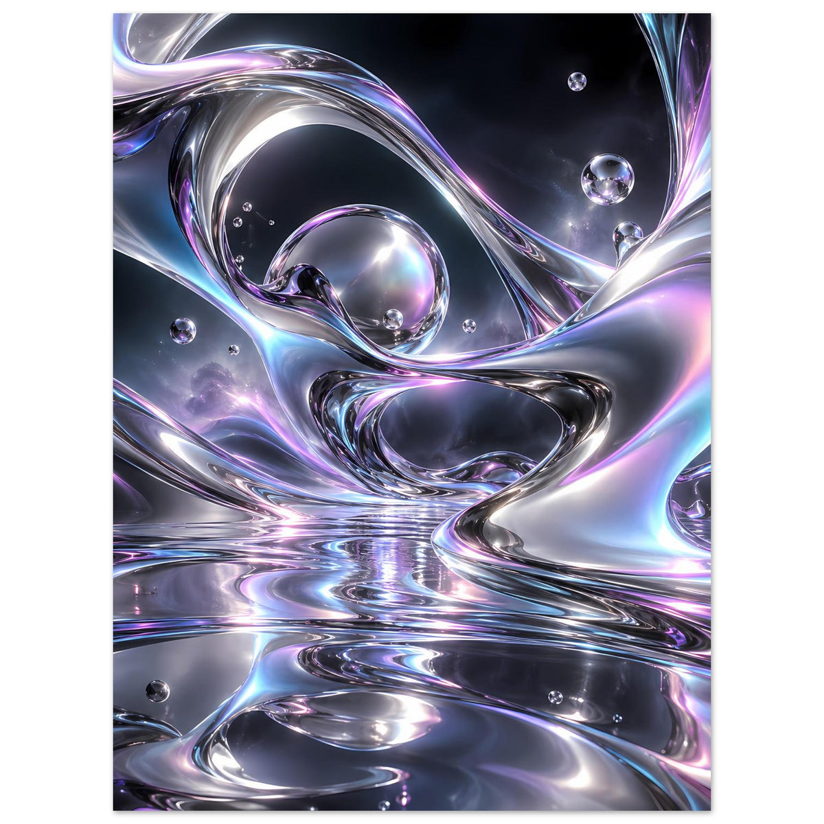 Poster im Hochformat mit abstrakten Chromeschwüngen, silbernen Reflexen und violetten Kanten
