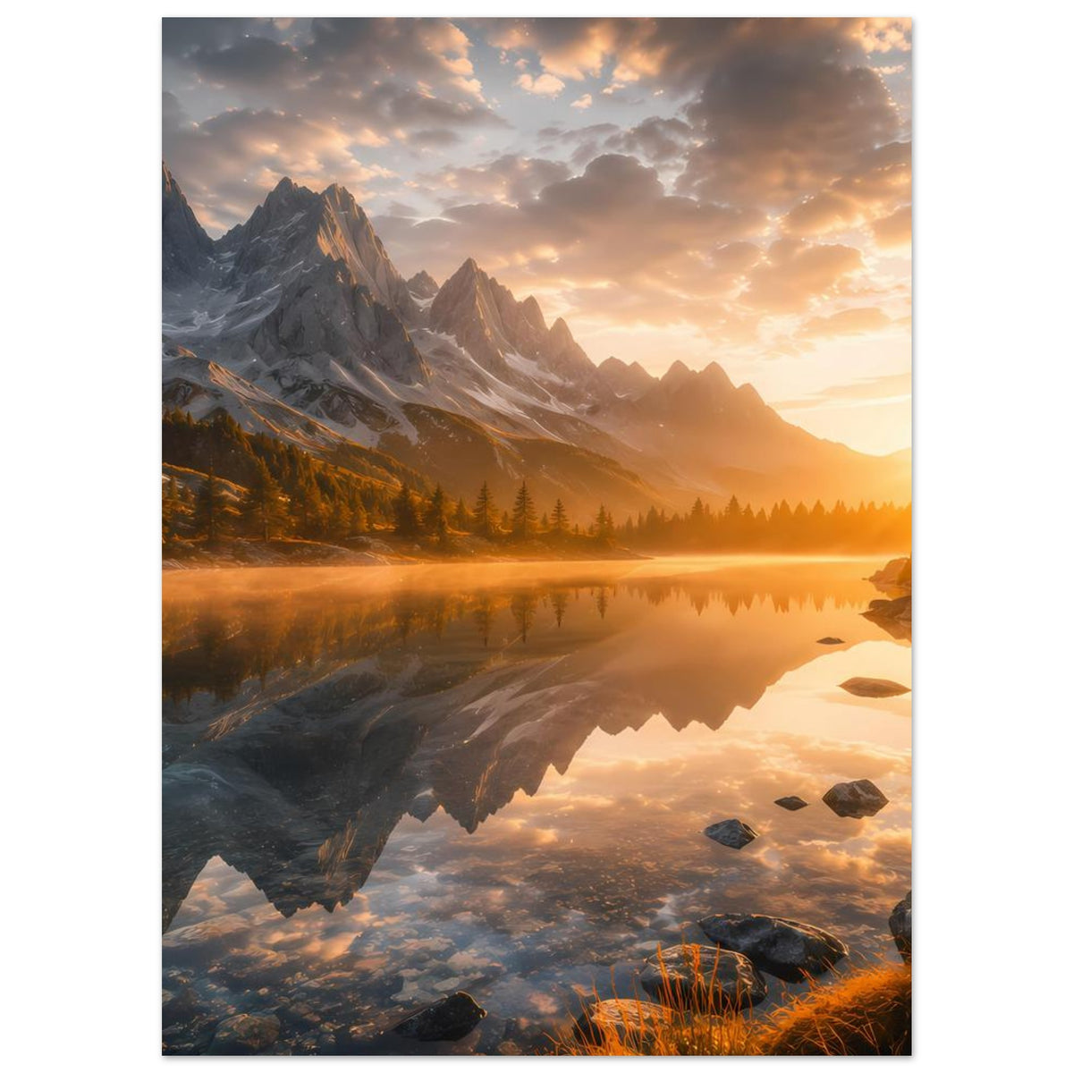 Poster im Hochformat mit Berg- und Seelandschaft bei Sonnenaufgang, goldenes Licht am Ufer