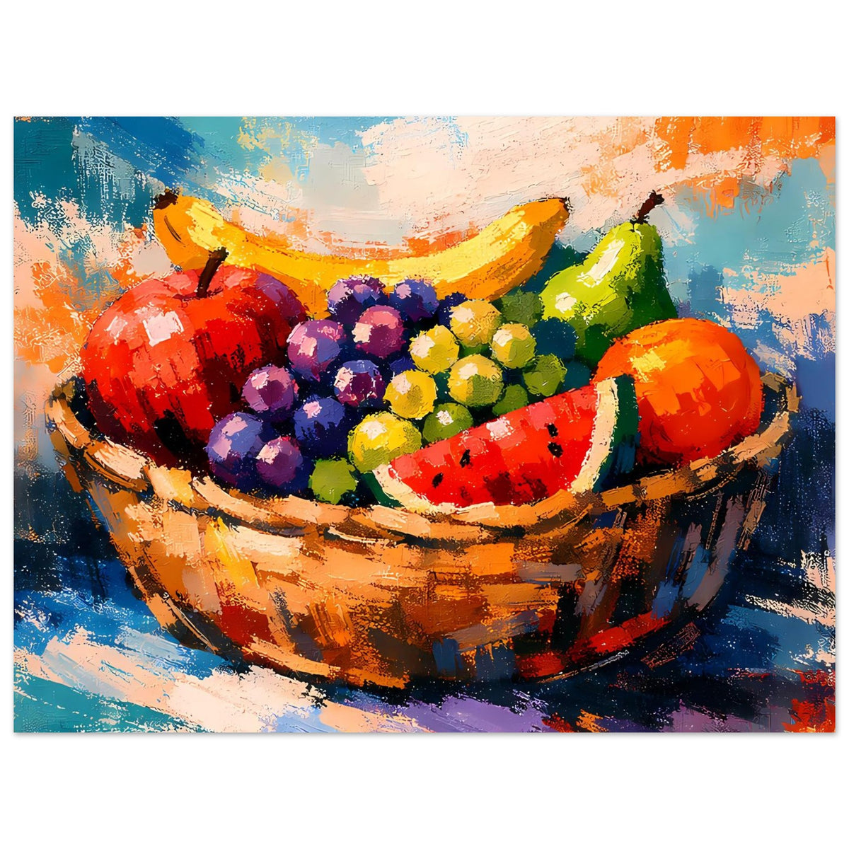 Poster: Holzkorb voller Obst, mit roten und blauen Beeren sowie Melone