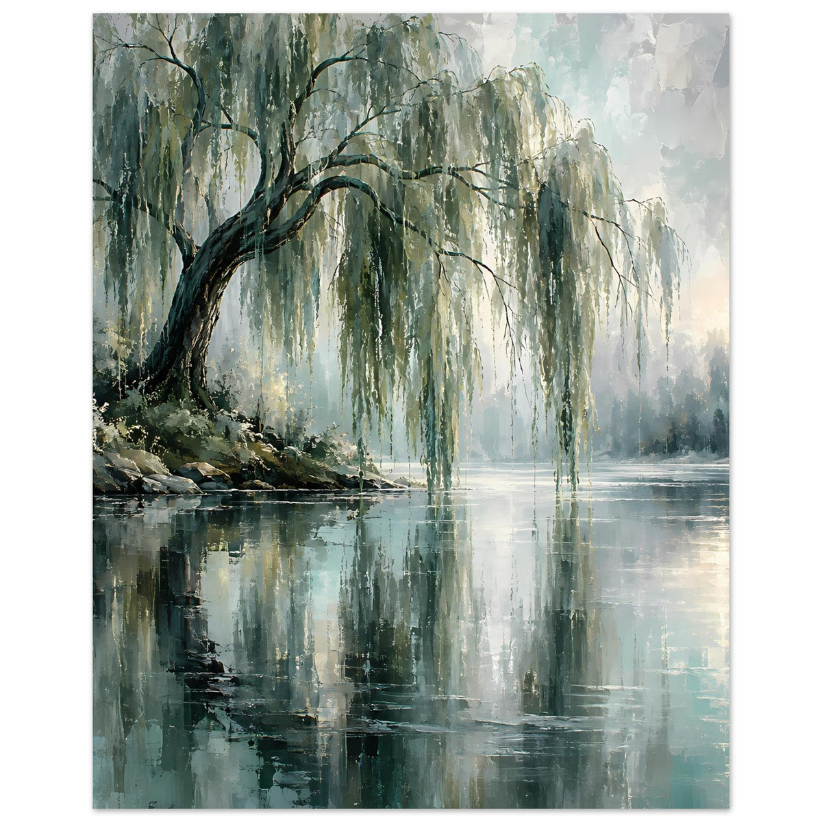 Poster mit Trauerweiden am Ufer, Äste und hängende Zweige über der Spiegelung
