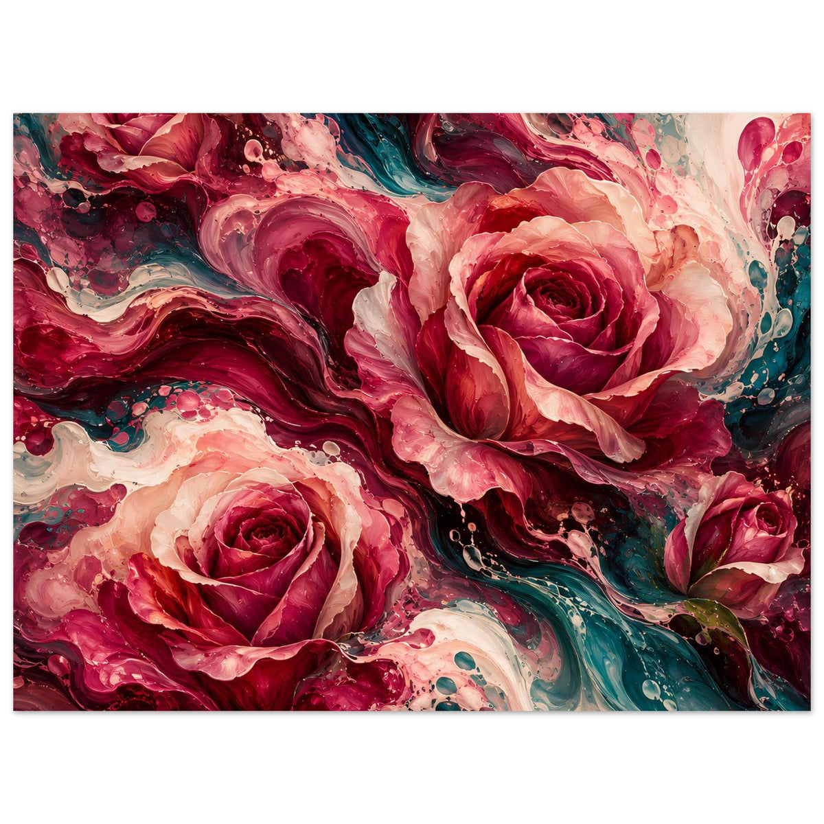 Querformat-Poster, fokussierte Rosenblüten in Rot und Rosa mit türkisfarbenen Farbwirbeln.