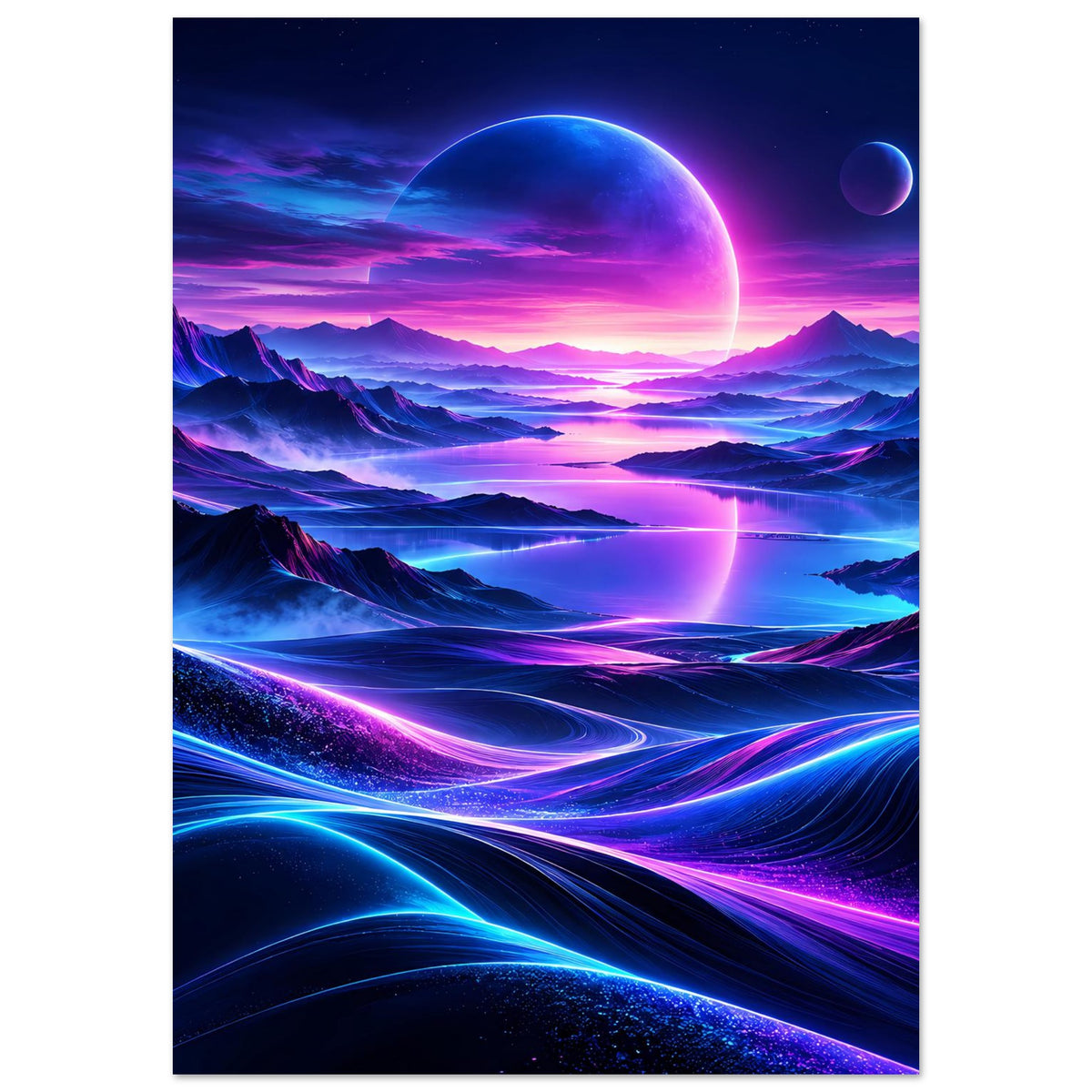 Neon-Weltraumposter im Hochformat, Planetenkugel und zwei Monde über futuristischen Wellen