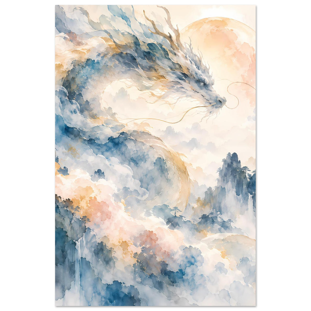 Aquarellposter im Hochformat mit Drachenkopf über nebligen Bergen und hellem Mondkreis
