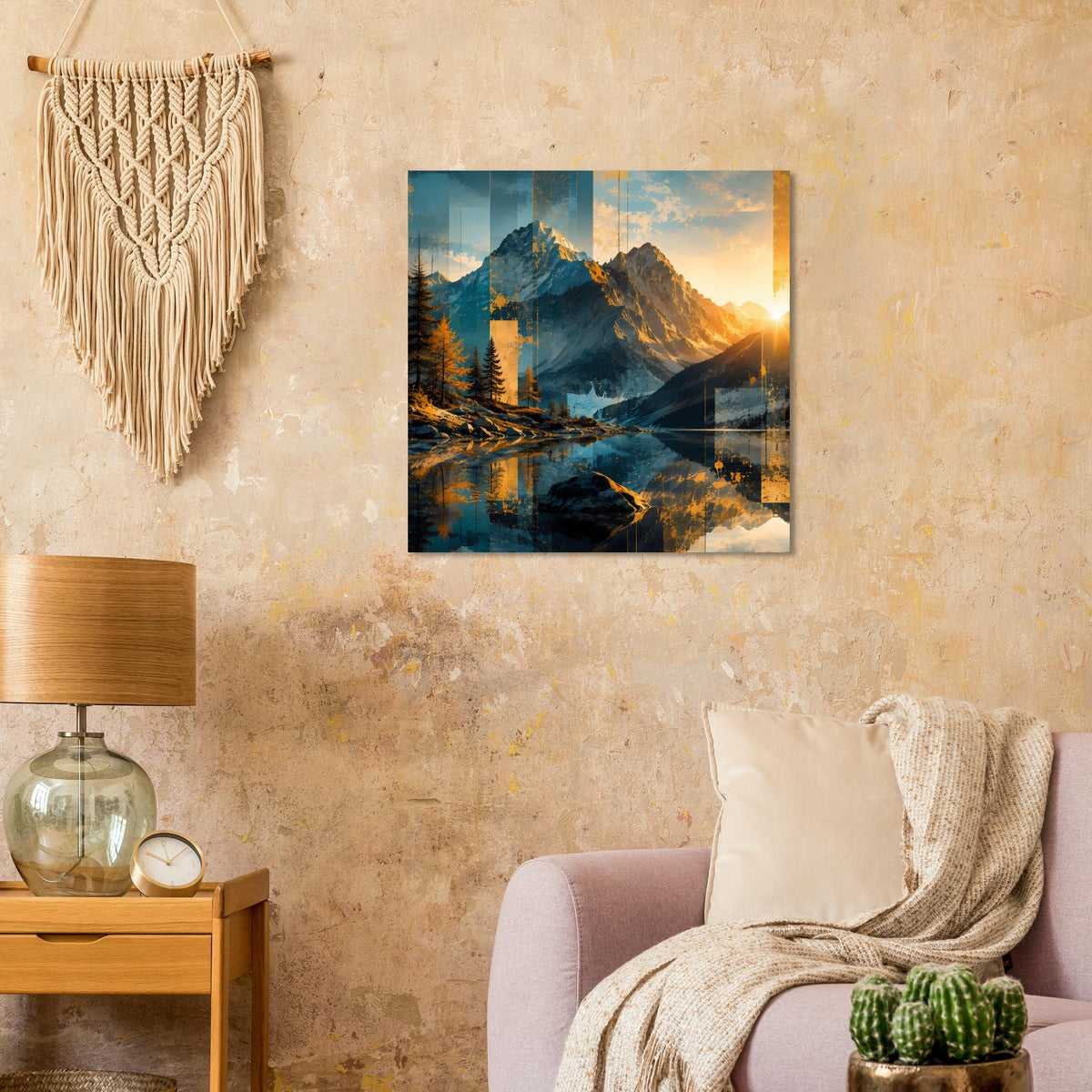 Poster mit abstrakter Berglandschaft, türkisblaues Gebirge und goldener Sonnenaufgang