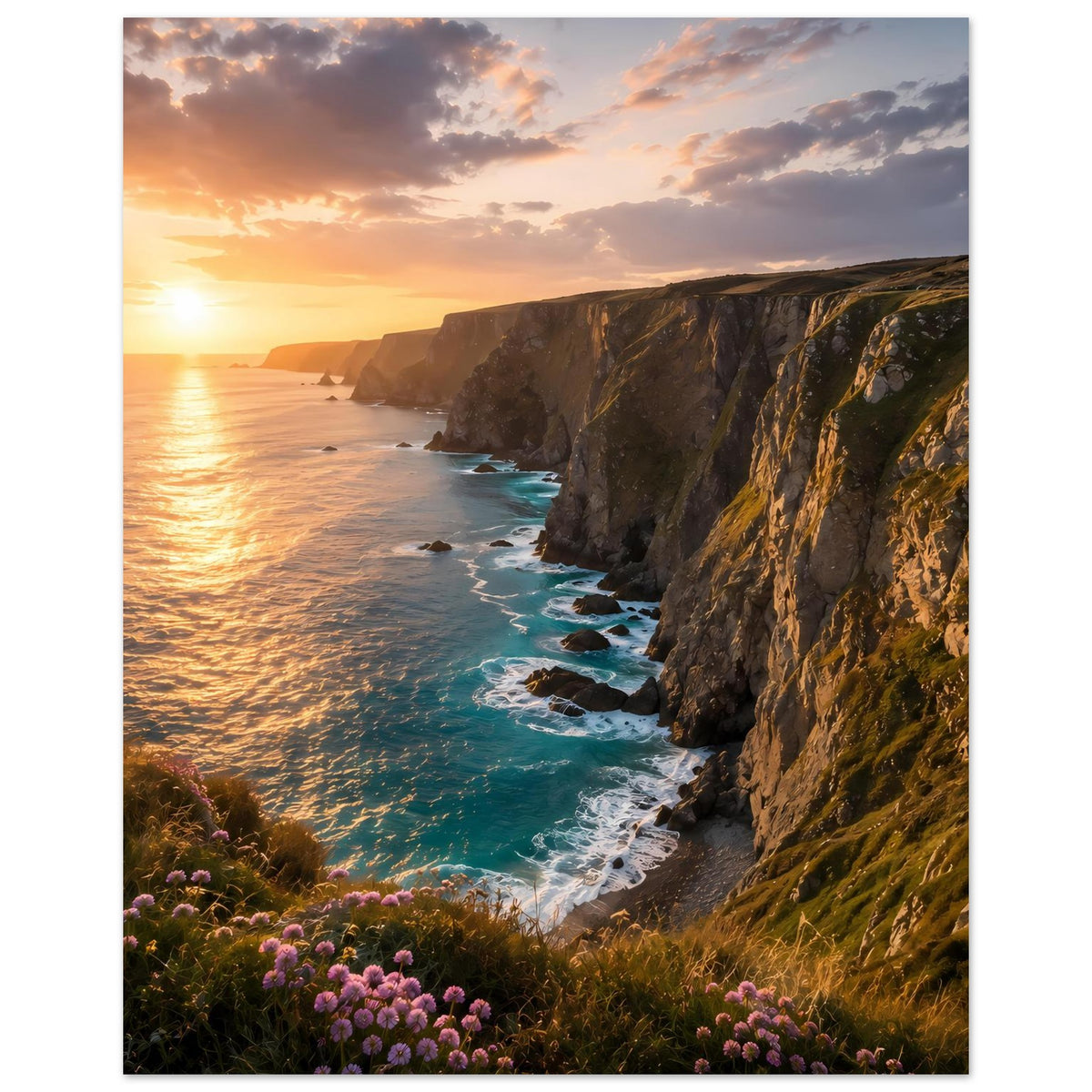 Vertikales Poster mit Sonnenuntergang, Meer mit reflektierendem Lichtpfad und steiler Klippe