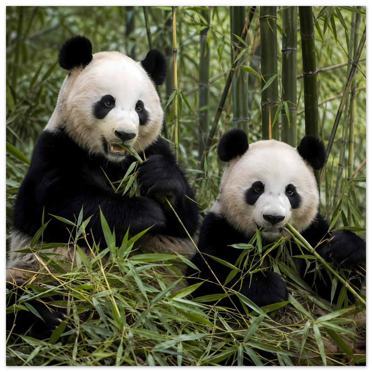 Panda-Duo-Poster: zwei Pandas im Bambus, ein Panda frisst Grashalme, beide Köpfe sichtbar