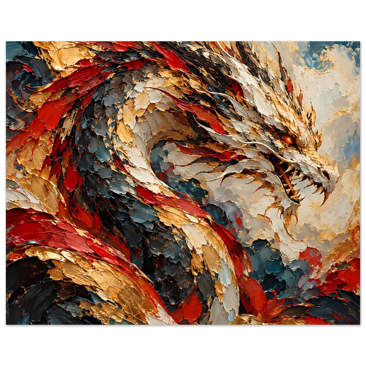 Fantasy-Poster Feuerdrache mit geöffnetem Maul, Flügel in Rot, Gold und Dunkelblau