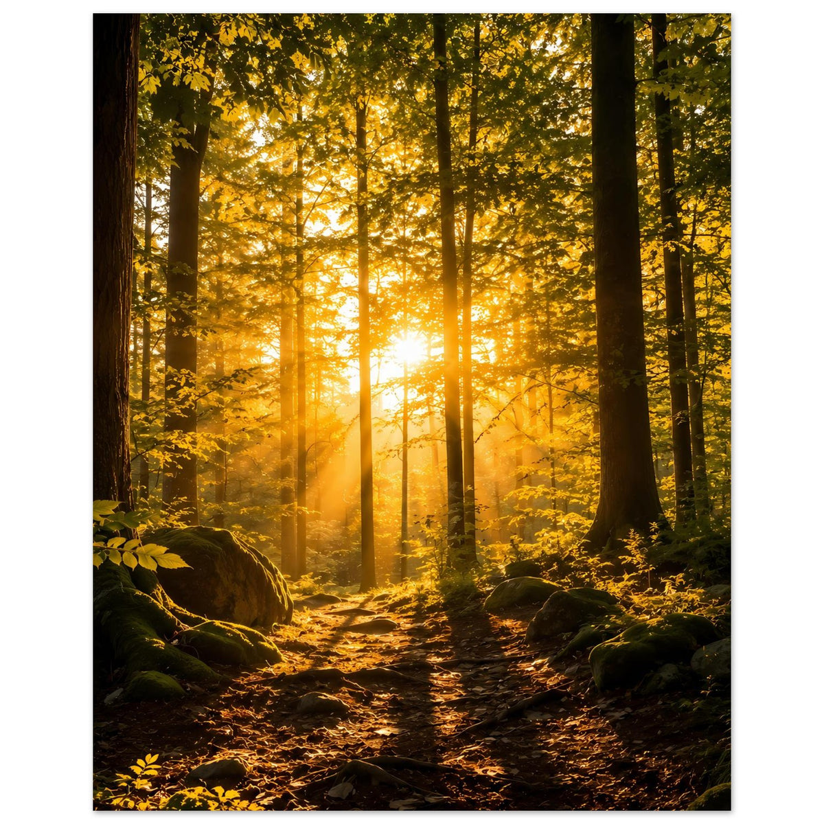 Waldposter, Hochformat: Sonnenaufgang im Wald, Weg zwischen dunklen Baumstämmen