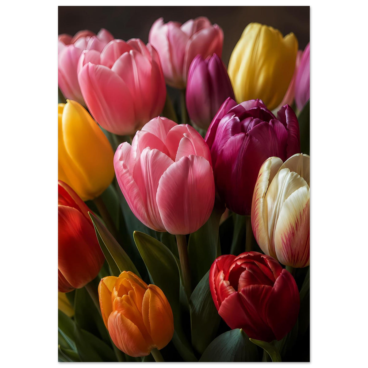 Tulpenstrauß-Poster im Hochformat mit überwiegend rosa und violetten Tulpen, gelbe Akzente