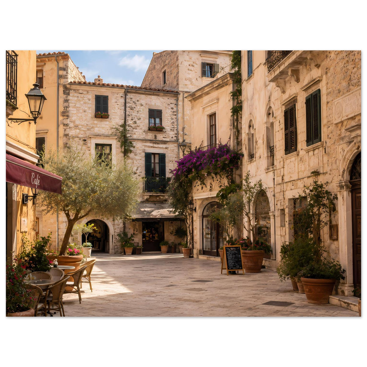 Poster mit mediterranem Altstadtplatz, Steinhäusern, Café und Blumen.