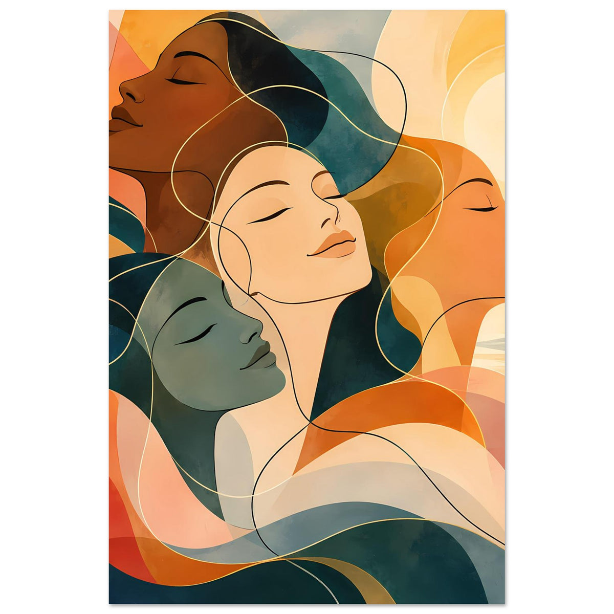 Hochformat-Kunstposter mit vier Frauenporträts, warmen Orange- und Blautönen