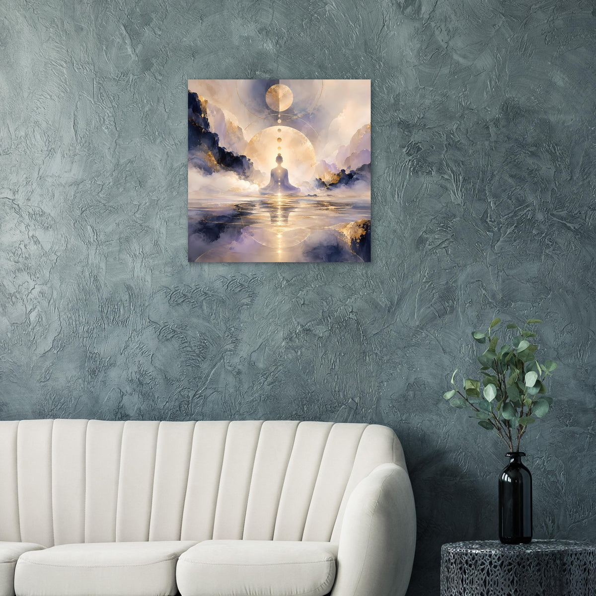 Quadratisches Poster mit Meditationsfigur, goldenen Kreisen und Spiegelung im Wasser vor Wolken