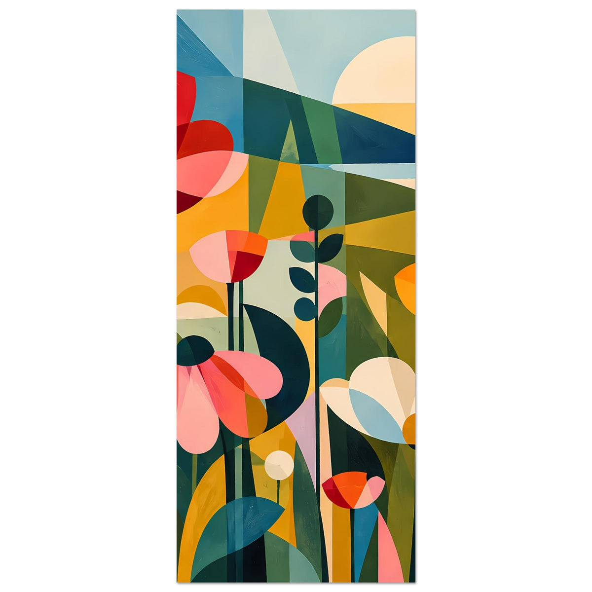Abstraktes Blumenposter im Hochformat: bunte Blüten und Landschaft mit warmen Farben