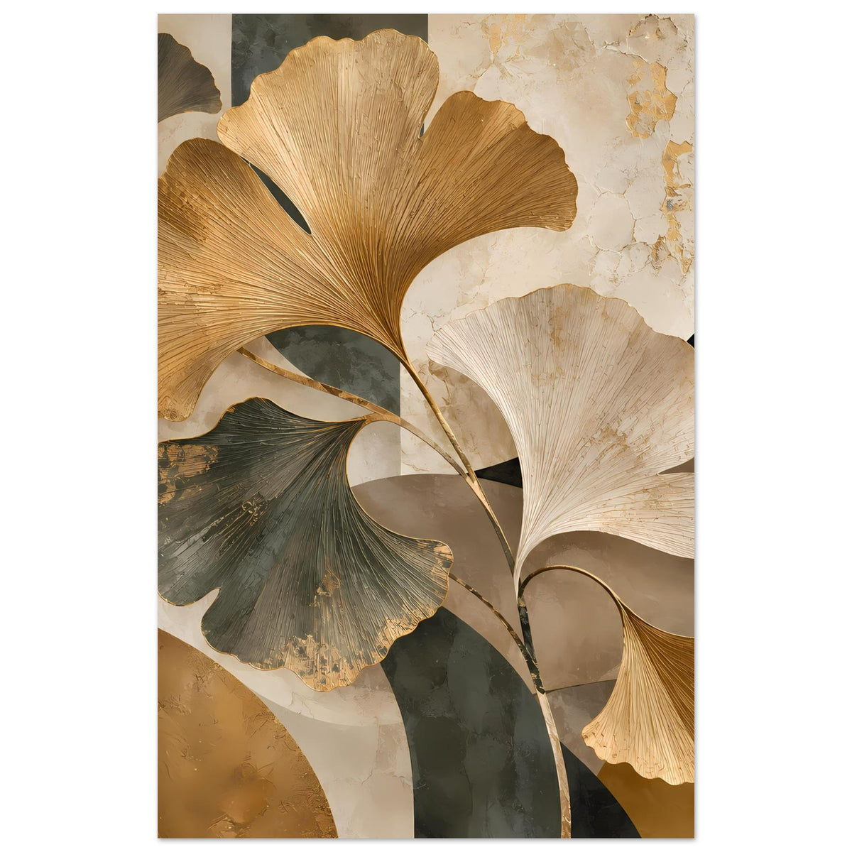 Botanisches Poster mit großen Ginkgo-Blättern in Gold- und Erdtönen, mit dunkelgrünen Akzenten