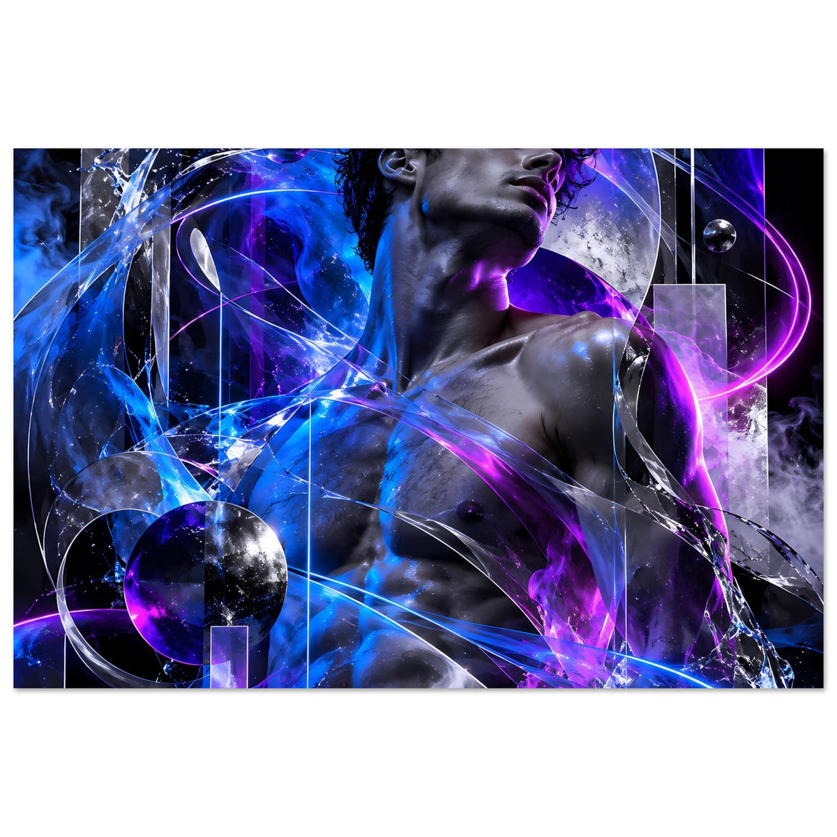 Futuristisches Poster mit cosmic-art Figur, leuchtende Verwirbelungen in Blau und Violett