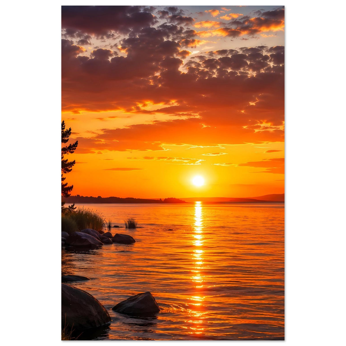 Hochformat-Poster mit Sonnenuntergang am See: goldene Sonne, Wolkenhimmel, Felsen am Ufer.