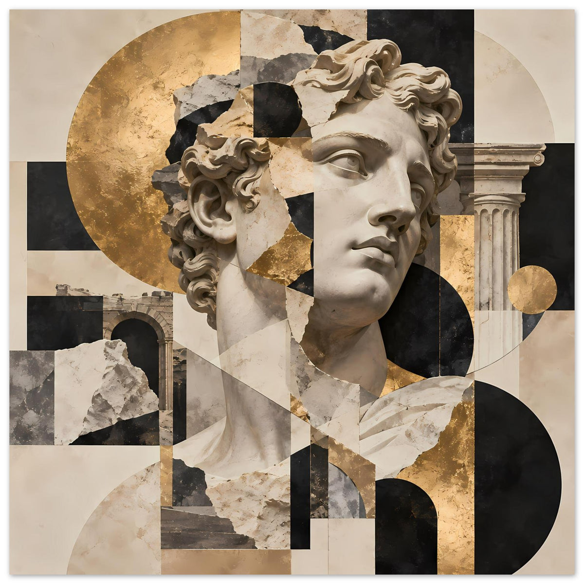 Kunstposter im Hochformat mit Statuenporträt, Säulenfragmenten und Gold-Elementen in Collage
