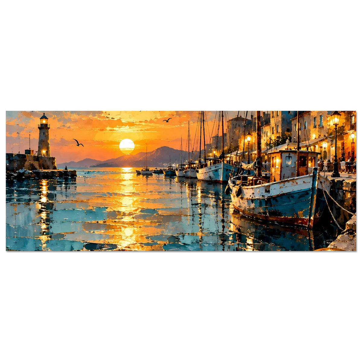 Kunstdruck Poster im Querformat: Sonnenuntergang über dem Hafen mit Leuchtturm und Segelbooten.