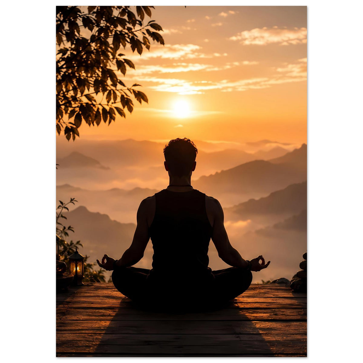 Poster mit Rückenansicht einer meditierenden Figur im Lotussitz vor Sonnenaufgangsbergen