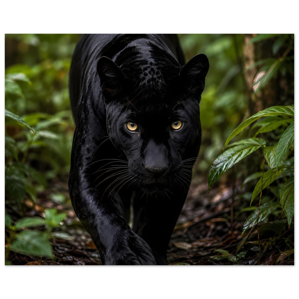 Poster mit schwarzem Panther im Dschungel, Vorderansicht, gelbe Augen und Pfote